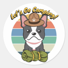 Grappige franse buldog wil gaan kamperen ronde sticker