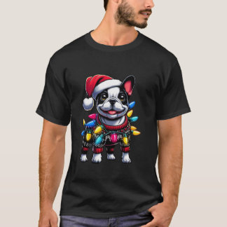 Grappige Franse Bulldog Christmas Santa Hat Lights T-shirt