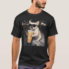 Grappige Franse Bulldog die Iced Coffee Drinkt Hon T-shirt