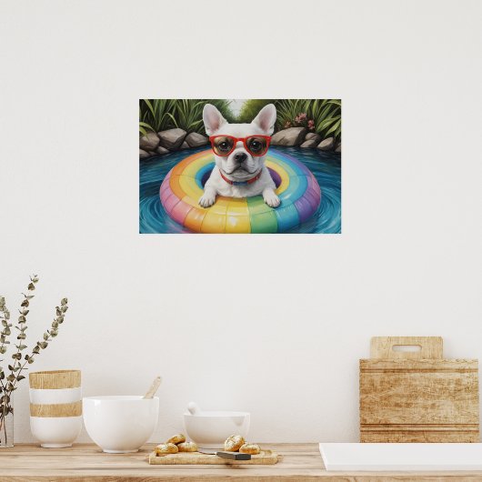 Grappige Franse Bulldog Drijvend in een vijver Poster (Keuken)
