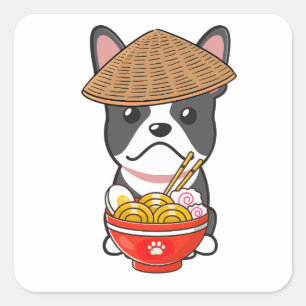 Grappige franse bulldog eet noedels vierkante sticker