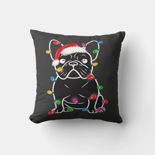 Grappige Franse Bulldog Hond Boom Kerstverlichting Kussen (Voorkant)