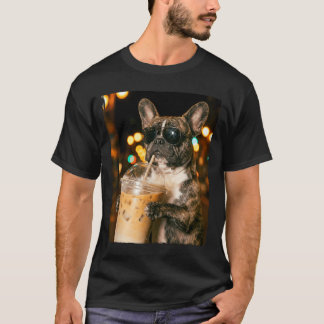 Grappige Franse Bulldog Hond Drinkt IJskoude Koffi T-shirt