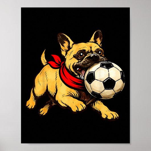 Grappige Franse Bulldog Hond Speelt Voetbal Spel D Poster (Voorkant)