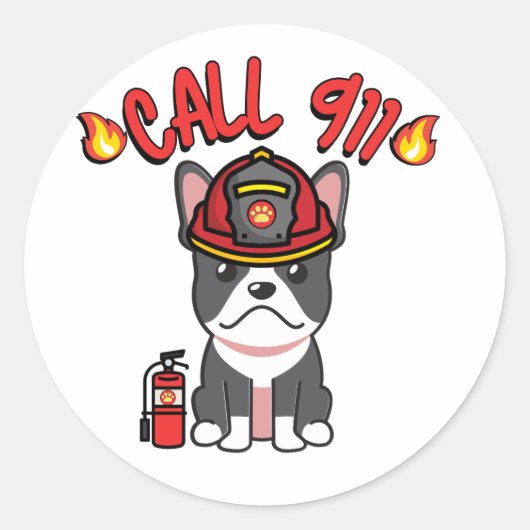 Grappige Franse Bulldog is een brandweerman Ronde Sticker (Voorkant)