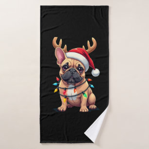Grappige Franse Bulldog Kerst Licht Santa Hoed Rei Badhanddoek