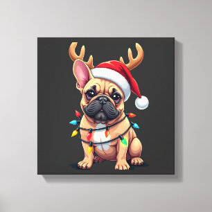 Grappige Franse Bulldog Kerst Licht Santa Hoed Rei Canvas Afdruk