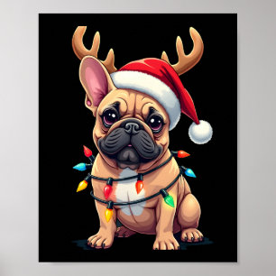 Grappige Franse Bulldog Kerst Licht Santa Hoed Rei Poster