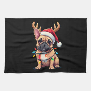 Grappige Franse Bulldog Kerst Licht Santa Hoed Rei Theedoek