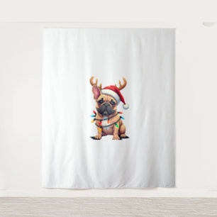 Grappige Franse Bulldog Kerst Licht Santa Hoed Rei Wandkleed