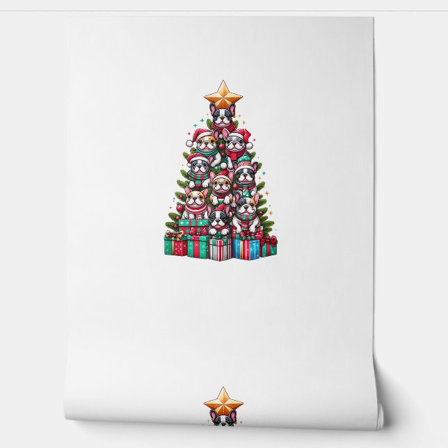 Grappige Franse Bulldog Kerstboom Santa Hat Sneeuw Behang (Afrollen)