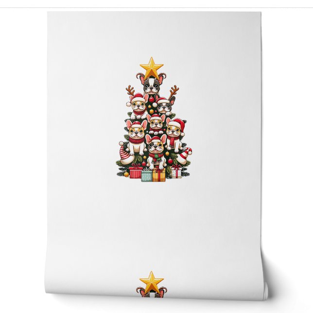 Grappige Franse Bulldog Kerstboom Santa Hat Sneeuw Behang (Afrollen)