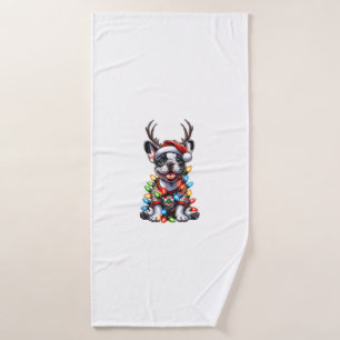 Grappige Franse Bulldog Kerstlicht Santa Hat Rei Badhanddoek