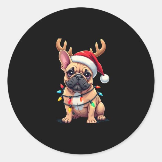 Grappige Franse Bulldog Kerstlicht Santa Hat Rei Ronde Sticker (Voorkant)