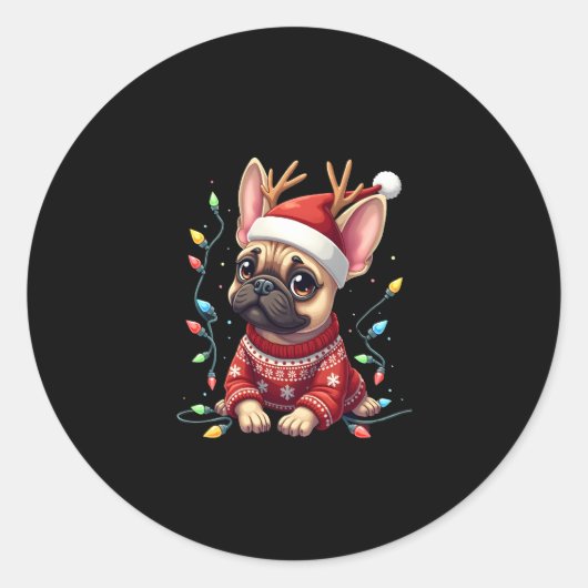 Grappige Franse Bulldog Kerstlicht Santa Hat Rei Ronde Sticker (Voorkant)