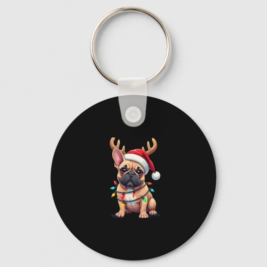 Grappige Franse Bulldog Kerstlicht Santa Hat Rei Sleutelhanger (Voorkant)