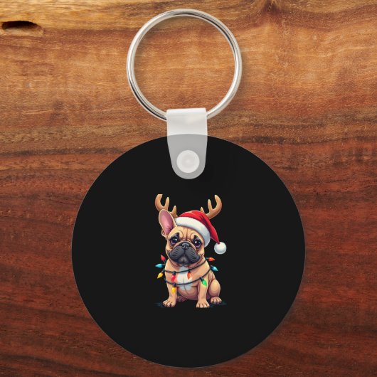 Grappige Franse Bulldog Kerstlicht Santa Hat Rei Sleutelhanger (Voorkant)
