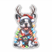 Grappige Franse Bulldog Kerstlicht Santa Hat Rei Sticker (Voorkant)