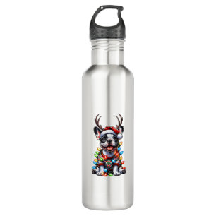 Grappige Franse Bulldog Kerstlicht Santa Hat Rei Waterfles