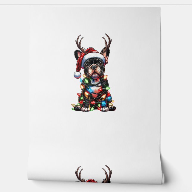 Grappige Franse Bulldog Kerstmis Santa Hat Light R Behang (Afrollen)