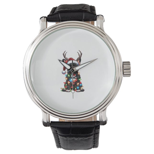 Grappige Franse Bulldog Kerstmis Santa Hat Light R Horloge (Voorkant)