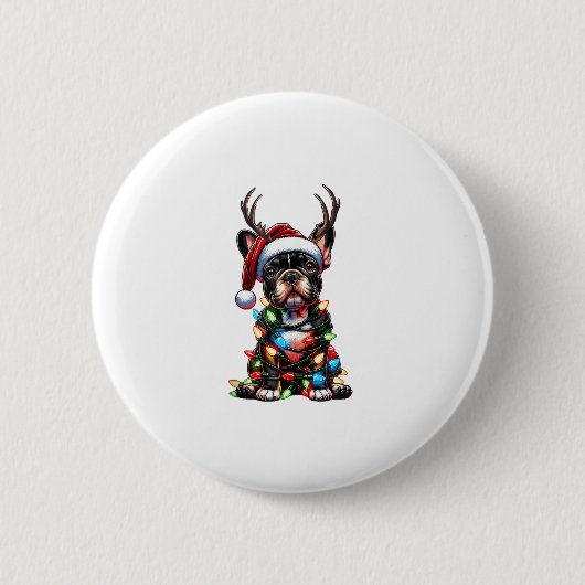 Grappige Franse Bulldog Kerstmis Santa Hat Light R Ronde Button 5,7 Cm (Voorkant)