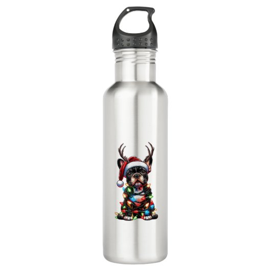 Grappige Franse Bulldog Kerstmis Santa Hat Light R Waterfles (Voorkant)