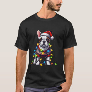 Grappige Franse Bulldog Kerstverlichting Santa Hat T-shirt
