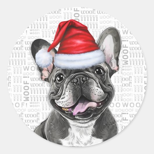 Grappige Franse Bulldog met Woof Art Kerstmis Ronde Sticker (Voorkant)