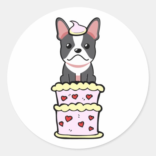 Grappige franse bulldog springen uit een taart ronde sticker (Voorkant)