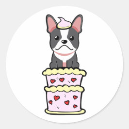 Grappige franse bulldog springen uit een taart ronde sticker