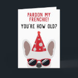 Grappige Franse Bulldog Verjaardagskaart Kaart<br><div class="desc">Deze grappige Franse bulldog verjaardagskaart zal zeker een glimlach op het gezicht van de jarige brengen die een gevoel voor humor heeft. Het ontwerp bevat een illustratie van een cool uitziende witte Franse bulldog die een rode feesthoed en zonnebril draagt met de tekst "Pardon my frenchie! Je bent hoe oud"...</div>