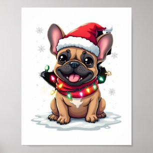 Grappige Franse Bulldoggen Kerstman Hoed Lichtjes Poster