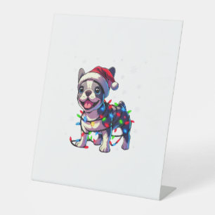 Grappige Franse Bulldogs Kerstmis Santa Hat Lights Reclamebord Met Voetstuk