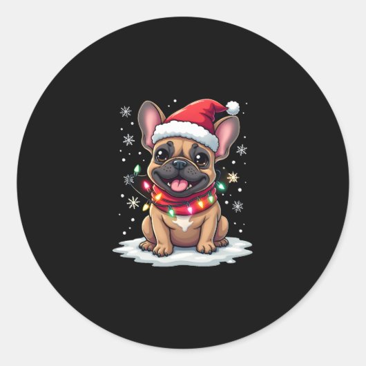Grappige Franse Bulldogs Kerstmis Santa Hat Lights Ronde Sticker (Voorkant)