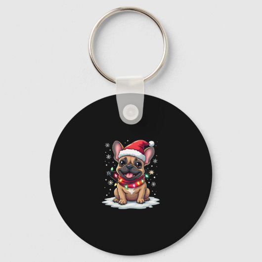 Grappige Franse Bulldogs Kerstmis Santa Hat Lights Sleutelhanger (Voorkant)