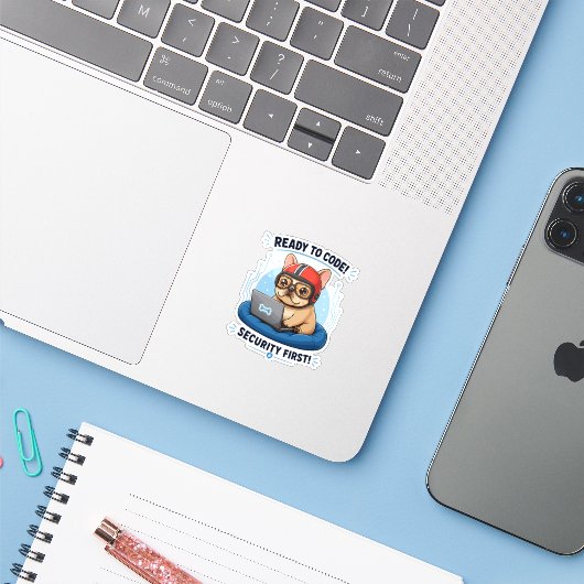 Grappige Franse Coder Cybersecurity Hond Sticker (Laptop met iPhone)