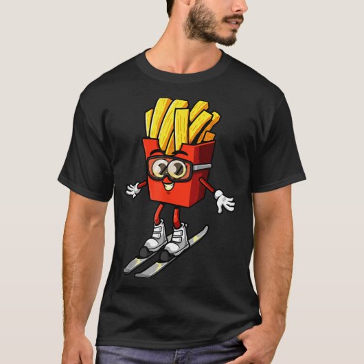 Grappige franse friteski aardappel frites skiën in t-shirt (Voorkant)