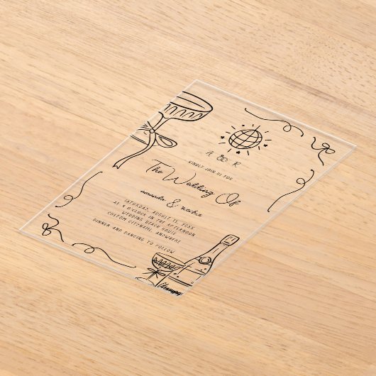 Grappige Franse Fun Monogram Hand getrokken bruilo Acryl Uitnodigingen (Laagn)