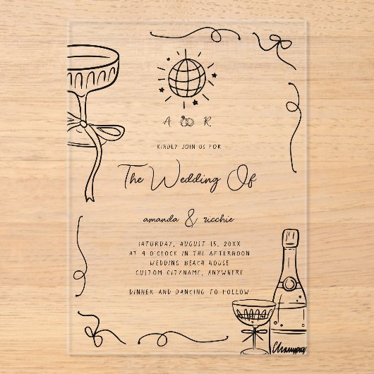 Grappige Franse Fun Monogram Hand getrokken bruilo Acryl Uitnodigingen (Voorkant)