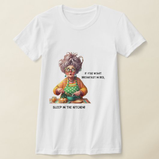 Grappige Frazzled Old Lady Pannenkoek-Makende Cart T-shirt (Laagn)