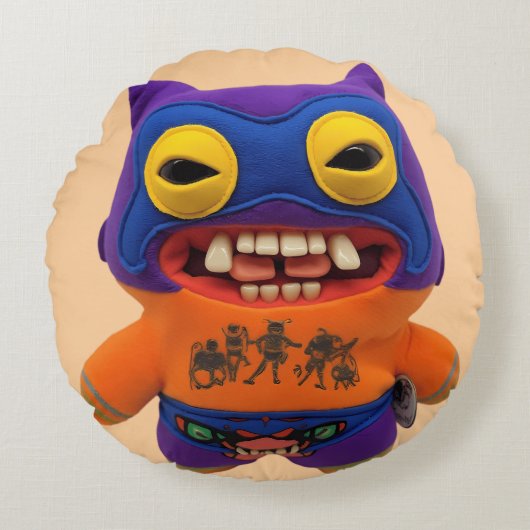 Grappige Fugglers Wrestler Quirky Monster Rond Kussen (Voorkant)