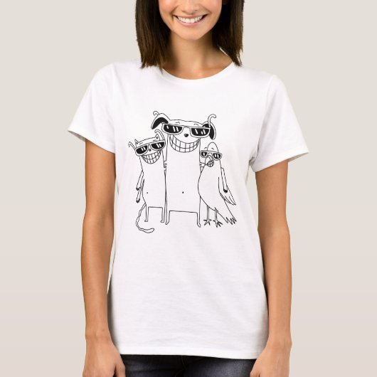 Grappige Fun Grinning Gang Hond Kat Parrot Karakte T-shirt (Voorkant)