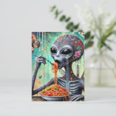 Grappige Funky Alien Eten Spaghetti Collage Briefkaart (Staand voorkant)