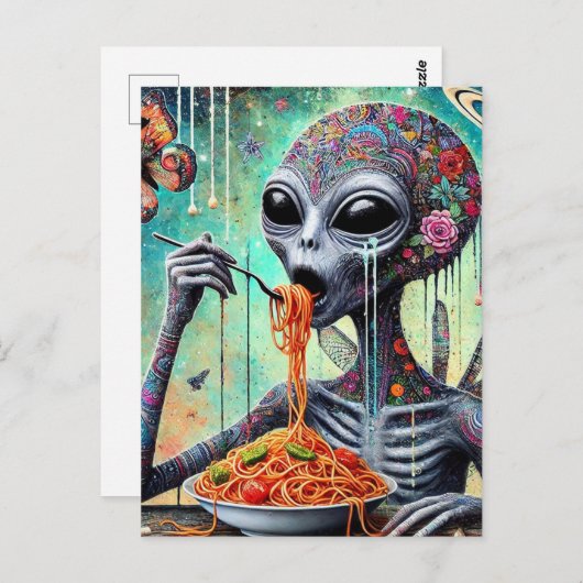 Grappige Funky Alien Eten Spaghetti Collage Briefkaart (Voorkant / Achterkant)