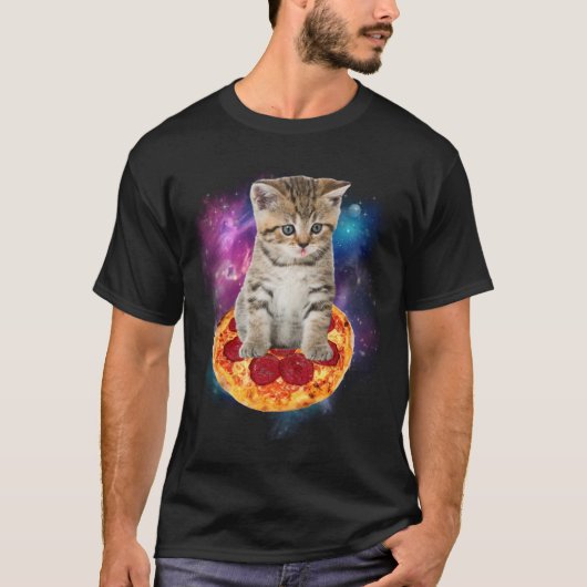 Grappige Galaxy Cat in de ruimte - Kat rijden Pizz T-shirt (Voorkant)