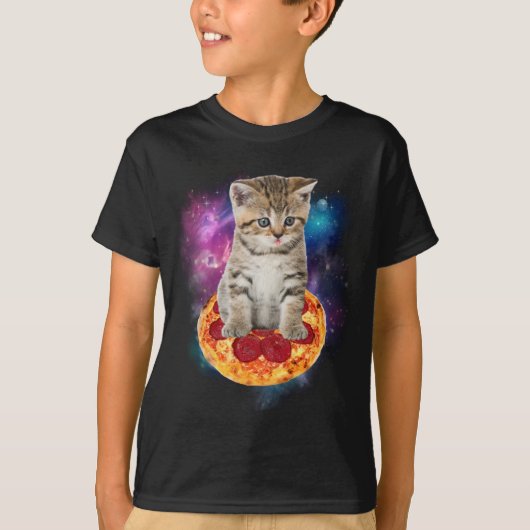 Grappige Galaxy Cat in de ruimte - Kat rijden Pizz T-shirt (Voorkant)
