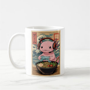 Grappige gamer axolotl die Ramen eet in Japanse st Koffiemok