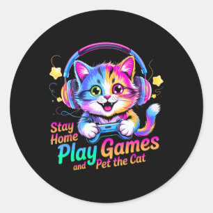 Grappige gamer kat blijf thuis1 ronde sticker