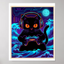 Grappige Gamer Kat Neon Cyber Gaming Nacht Retro K Poster